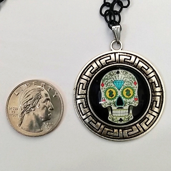 Handmade Sugar Skull Cabochon Aztec Pendant on 24" Black Chain Necklace - Picture 2 of 3